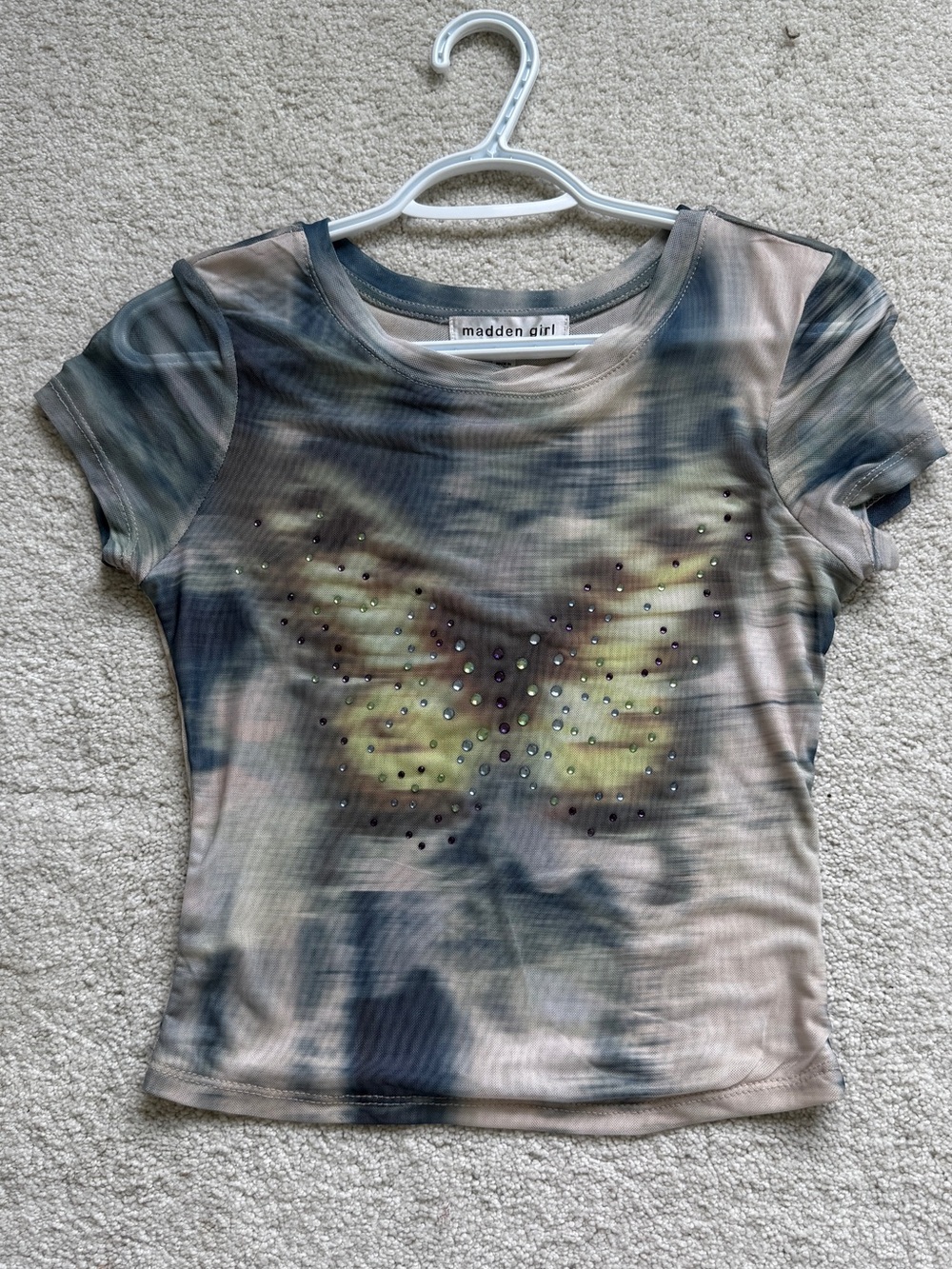 Madden Girl Olive and Beige Tie-Dye Butterfly Rhinestone Short Sleeve Tee